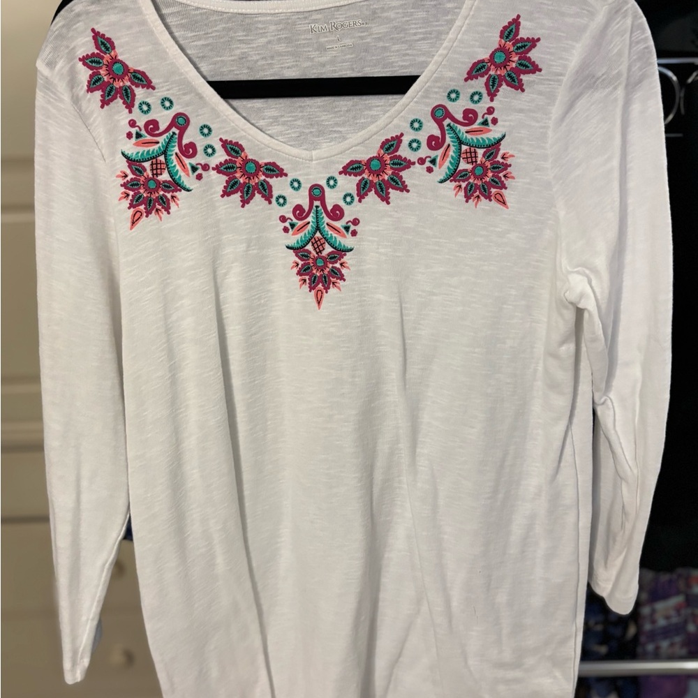 Kim Rogers White Top with Pink and Teal Embroidery